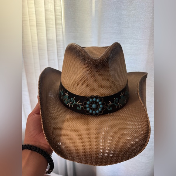 Milani Accessories - Milani Tan Cowboy Hat with Turquoise Accents